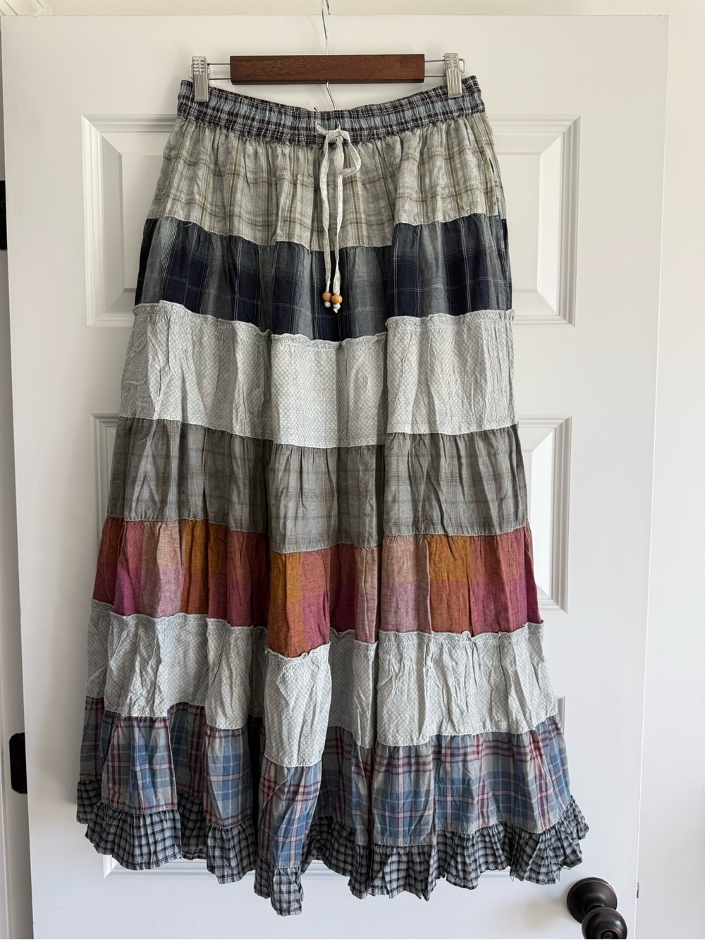 Young Threads Vintage Boho Vibes Plaid Crinkled Tiered Maxi Skirt NWT